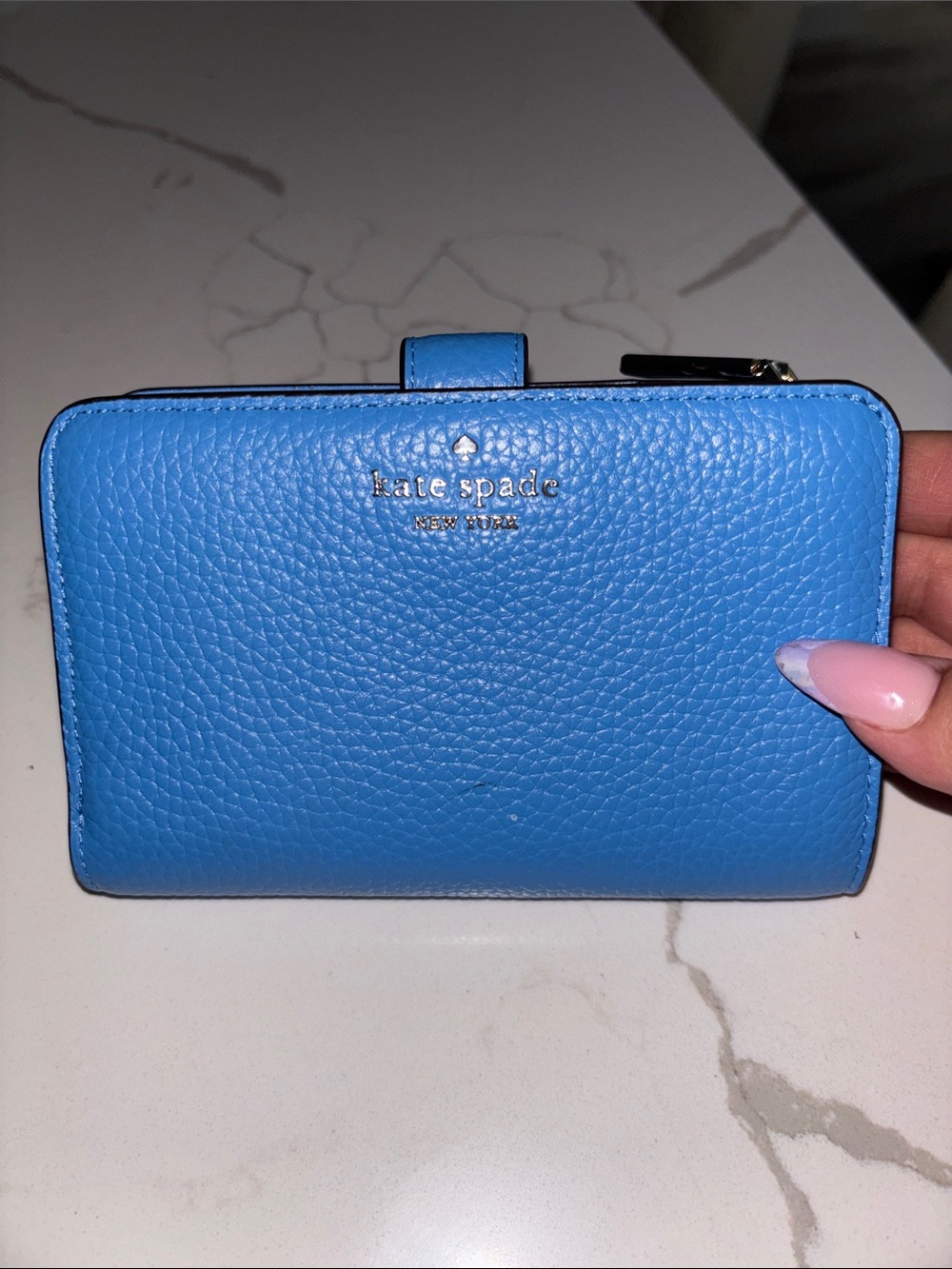 kate spade pebble leather zip wallet in bright blue
